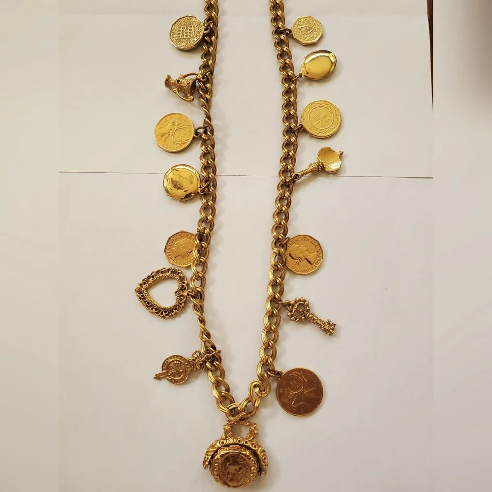 Goldtone Roman Coins & Charms Necklace 16" - Picture 2 of 9